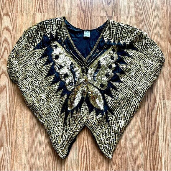 𝅺Vintage 1980s Butterfly Sequin Silk Top - Picture 16 of 16